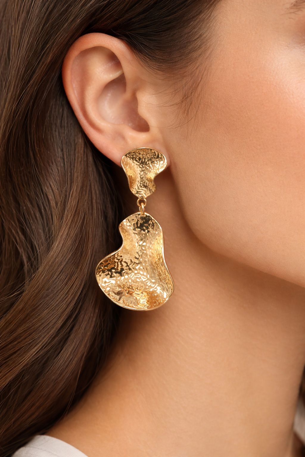 Hammered Organic Drop Earrings - Gold