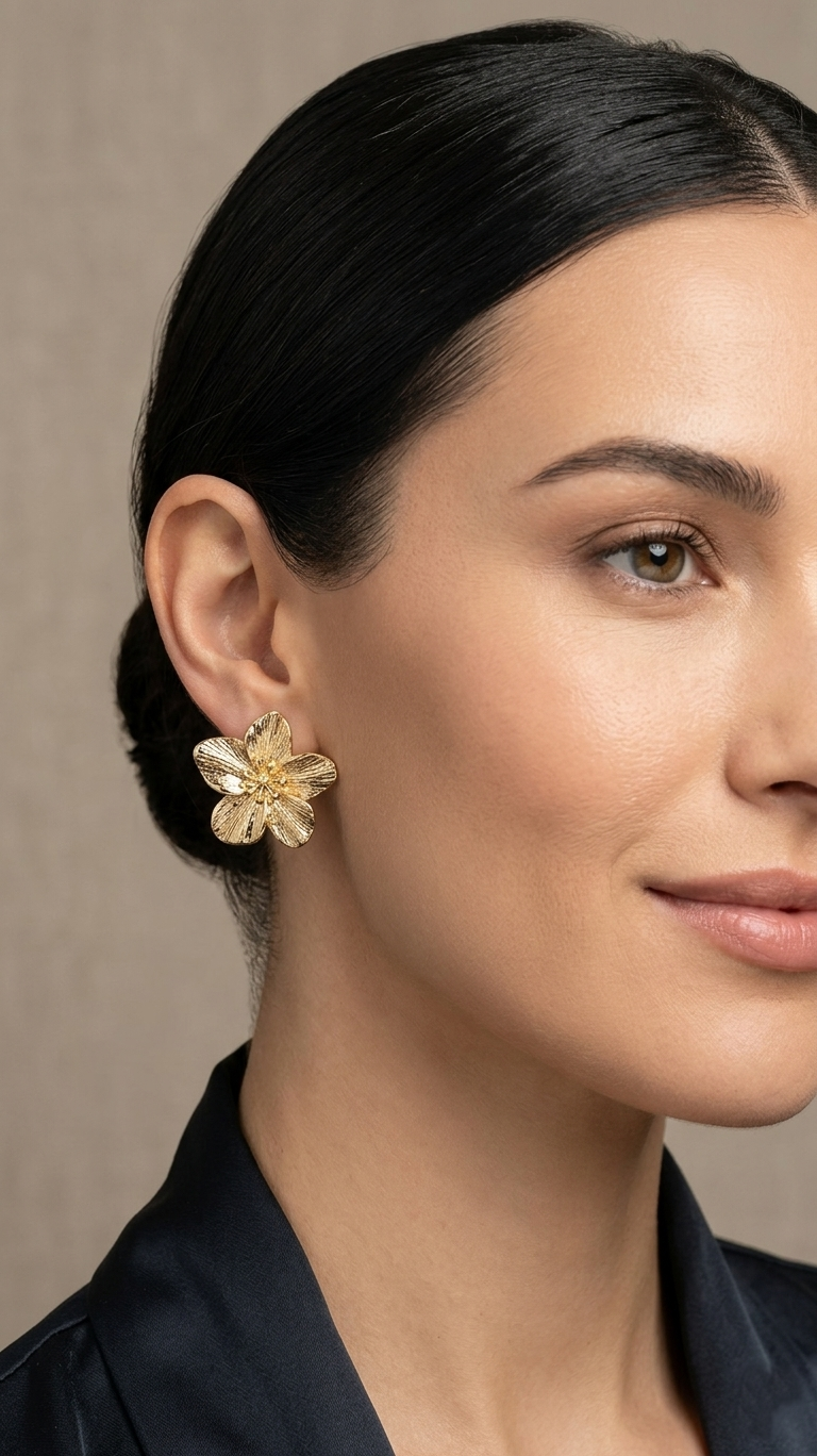 Textured Floral Stud Earrings - Gold