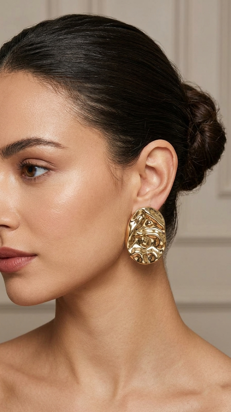 Crinkled Oval Statement Earrings - Gold