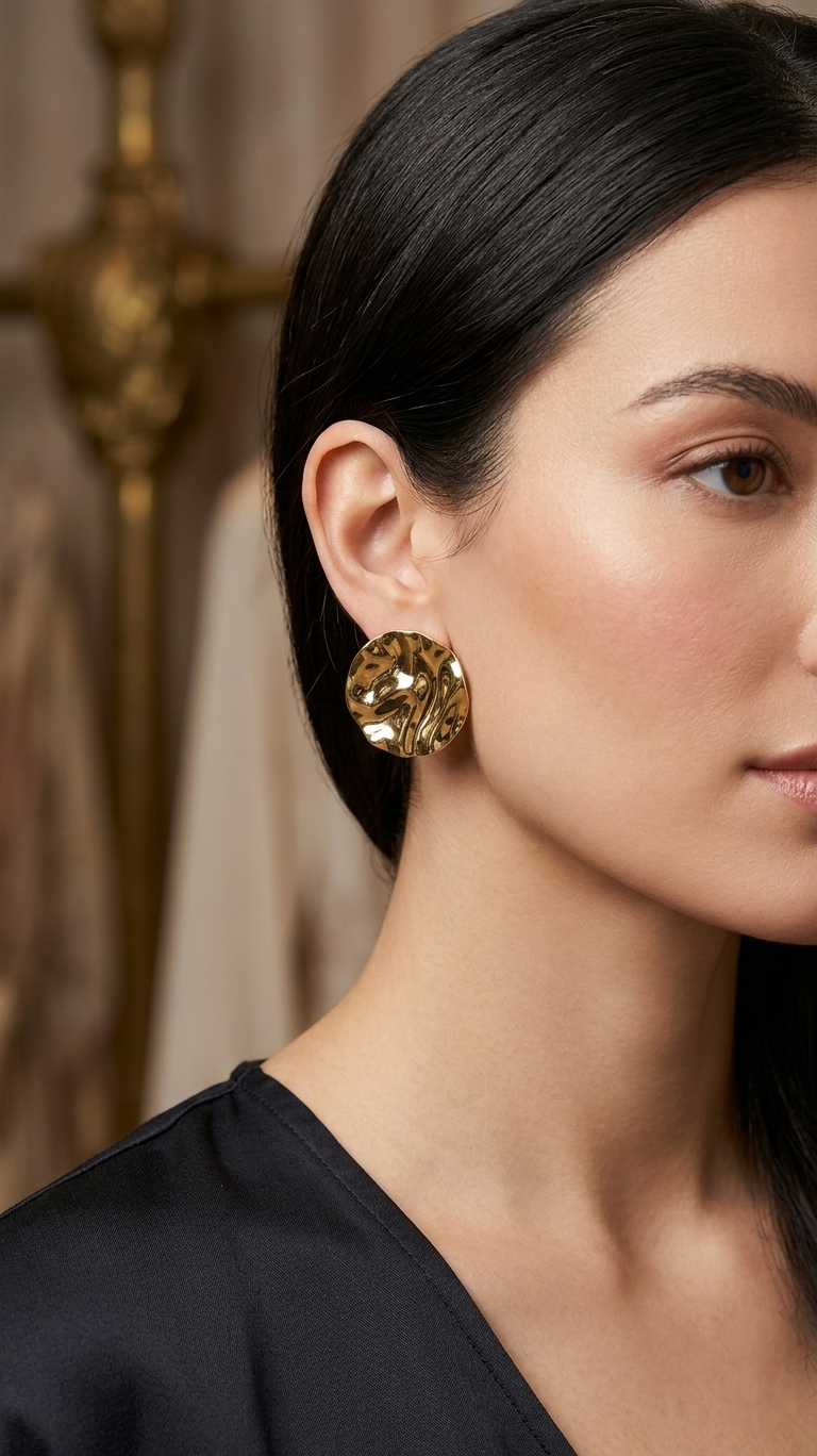Wavy Round Stud Earrings - Gold
