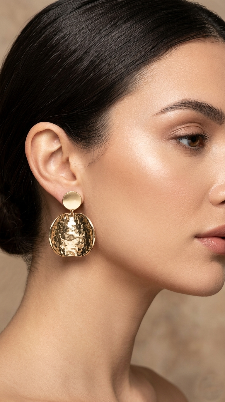 Hammered Circular Drop Earrings - Gold