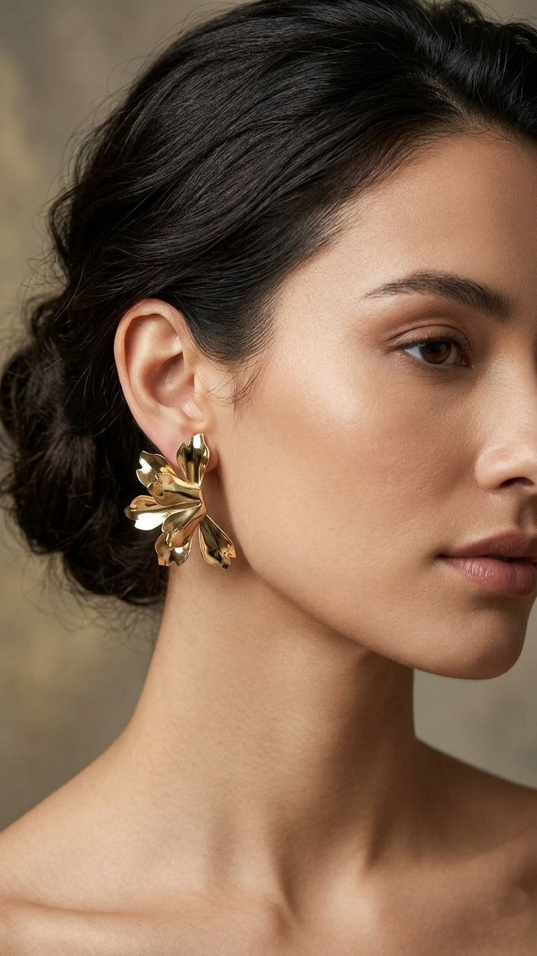 Floral Petal Statement Earrings - Gold