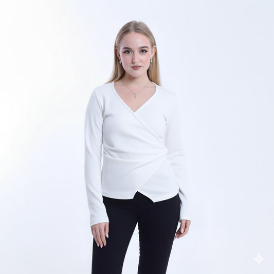 Soft Wool Solid Cross-Body Blouse – Off White