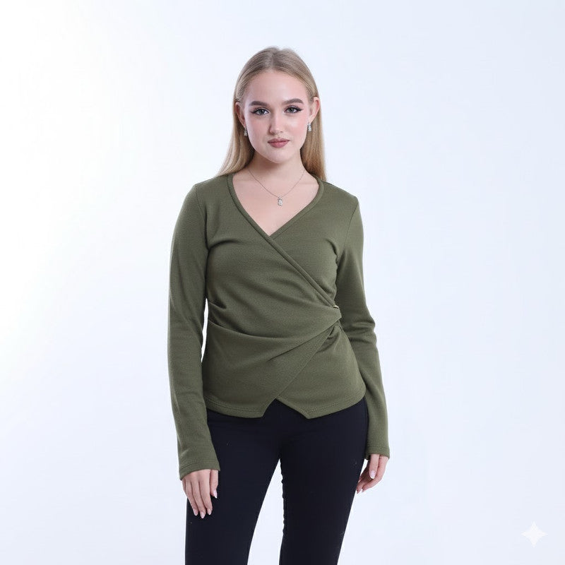 Soft Wool Solid Cross-Body Blouse – Olive Khaki