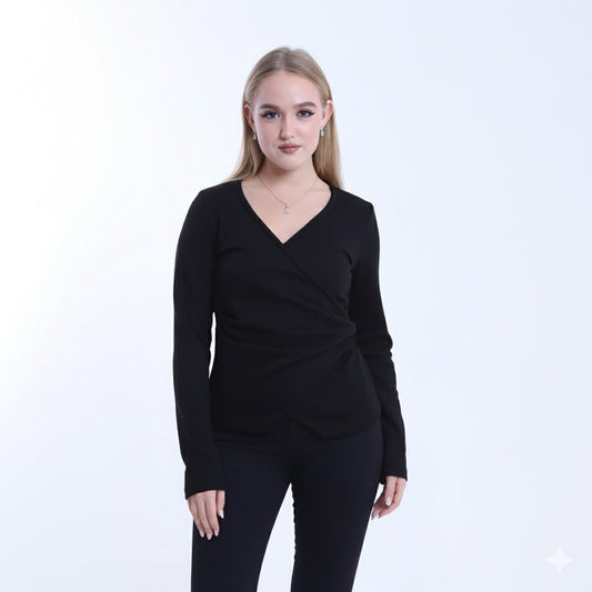 Soft Wool Solid Cross-Body Blouse – Black