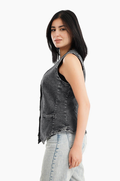 V-Neck Denim Vest - Carina - ÙƒØ§Ø±ÙŠÙ†Ø§