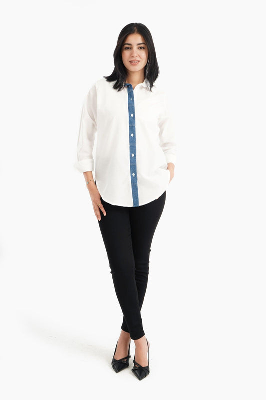 Viscose Shirt with Denim Placket - Carina - ÙƒØ§Ø±ÙŠÙ†Ø§