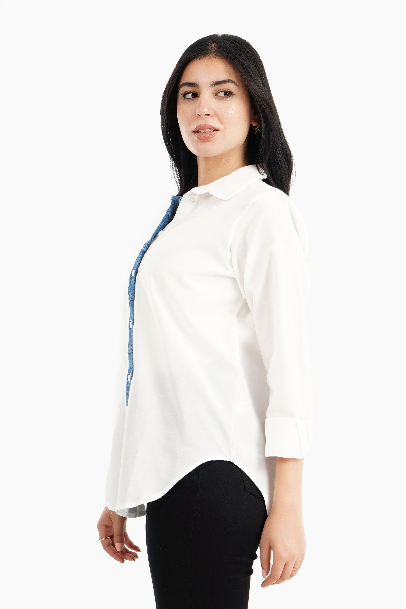 Viscose Shirt with Denim Placket - Carina - ÙƒØ§Ø±ÙŠÙ†Ø§