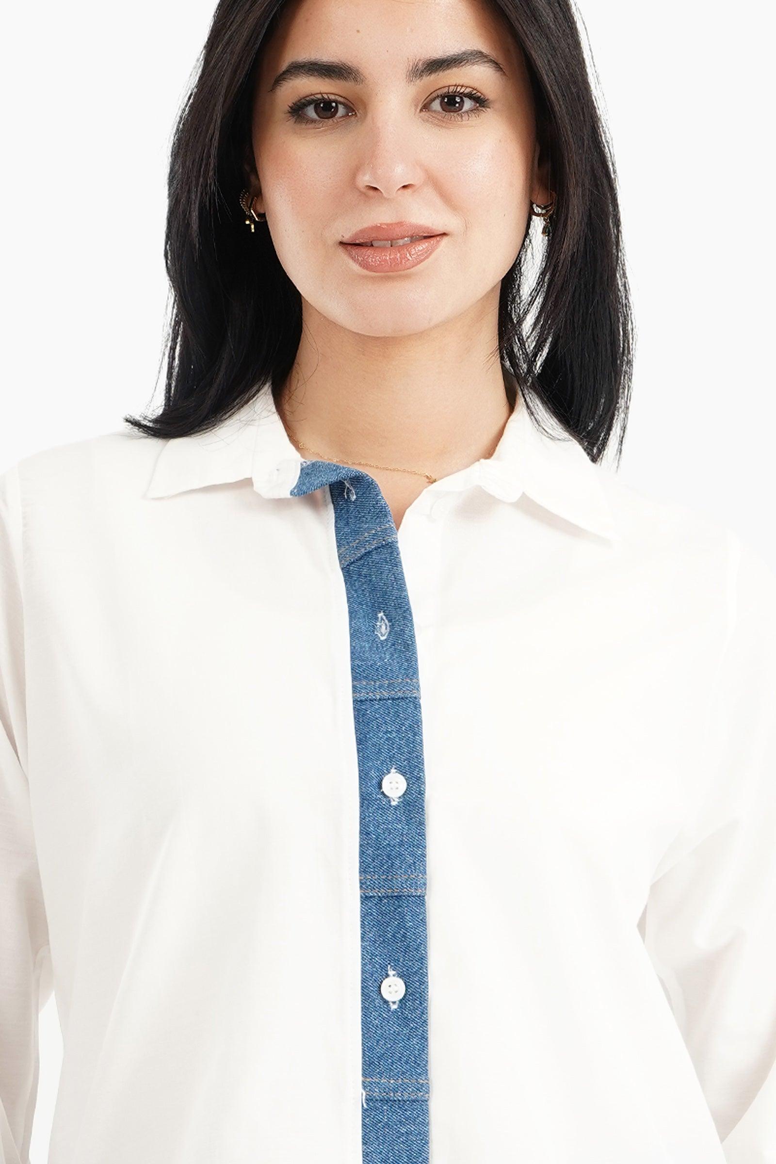 Viscose Shirt with Denim Placket - Carina - ÙƒØ§Ø±ÙŠÙ†Ø§