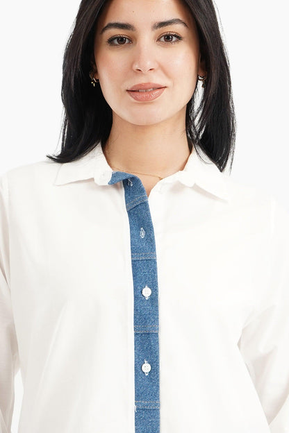 Viscose Shirt with Denim Placket - Carina - ÙƒØ§Ø±ÙŠÙ†Ø§