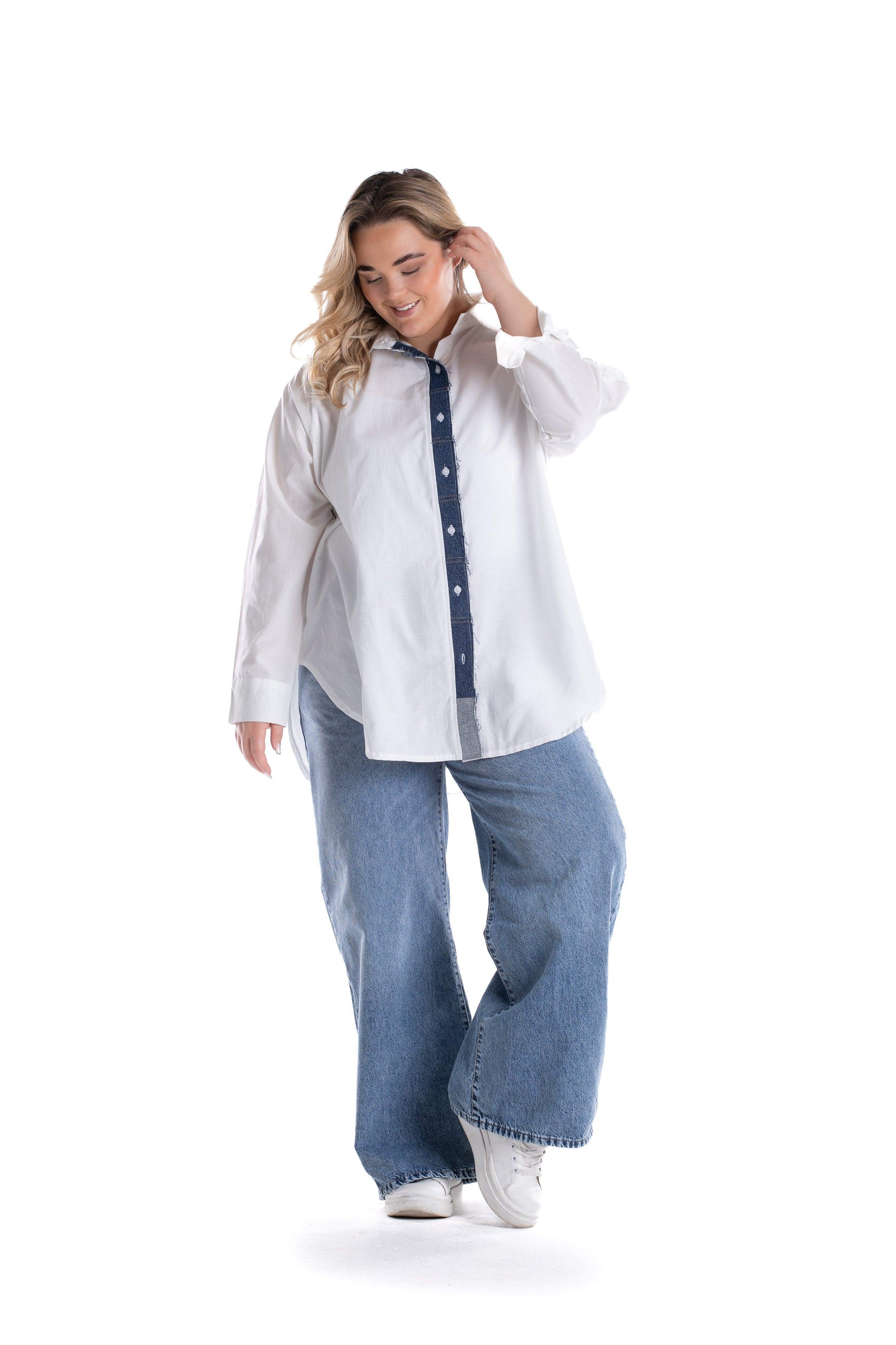 Viscose Shirt with Denim Placket - Carina - ÙƒØ§Ø±ÙŠÙ†Ø§