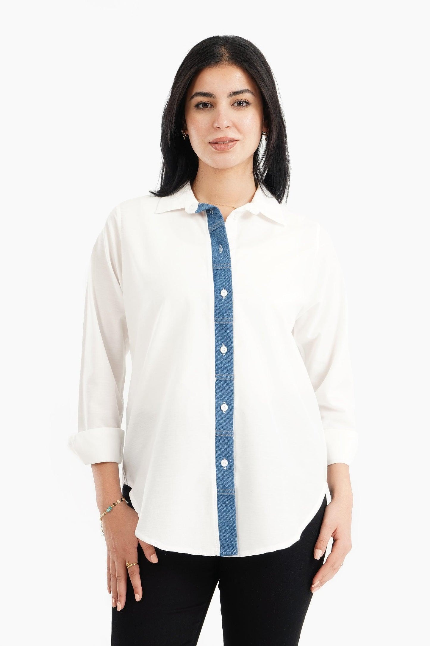 Viscose Shirt with Denim Placket - Carina - ÙƒØ§Ø±ÙŠÙ†Ø§