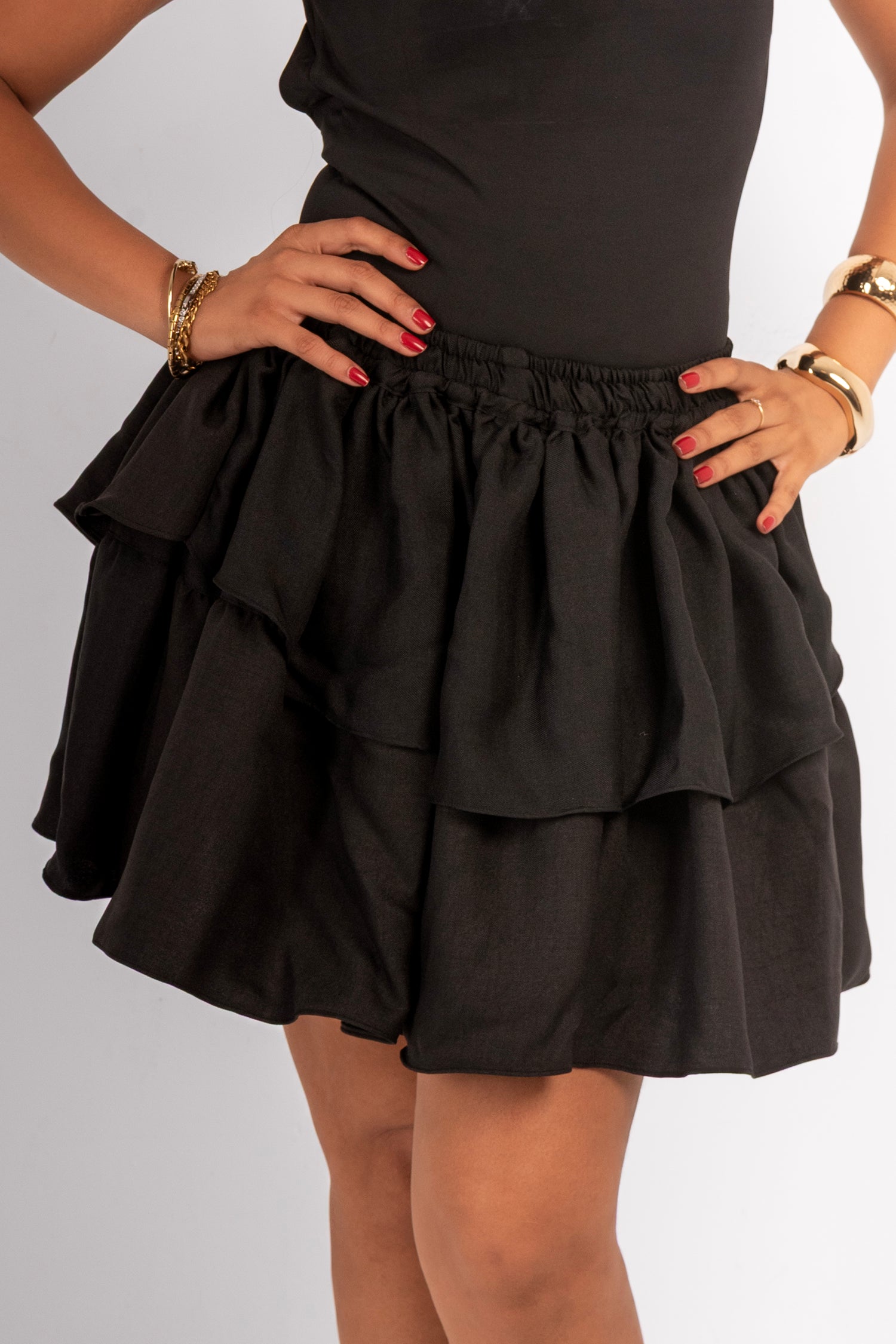 Linen Ruffled Mini Skirt - Black