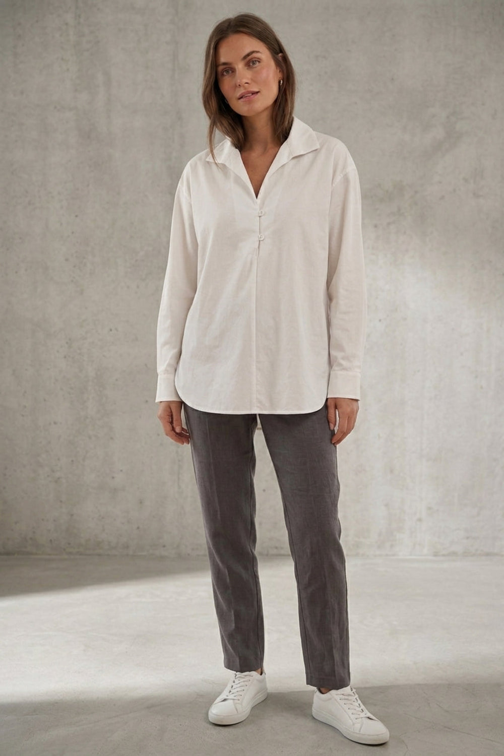 Plain Two-Button Round Hem Blouse – White