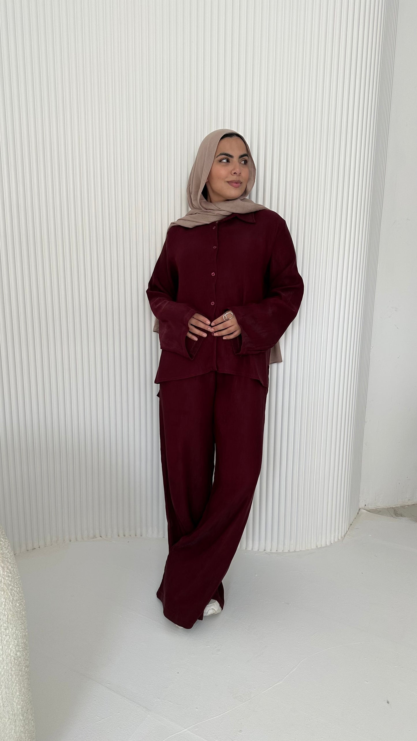Textured Solid Co-Ord Set – Burgundy