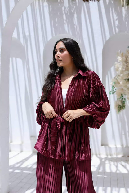 Plisse Two-Piece Set - Burgundy