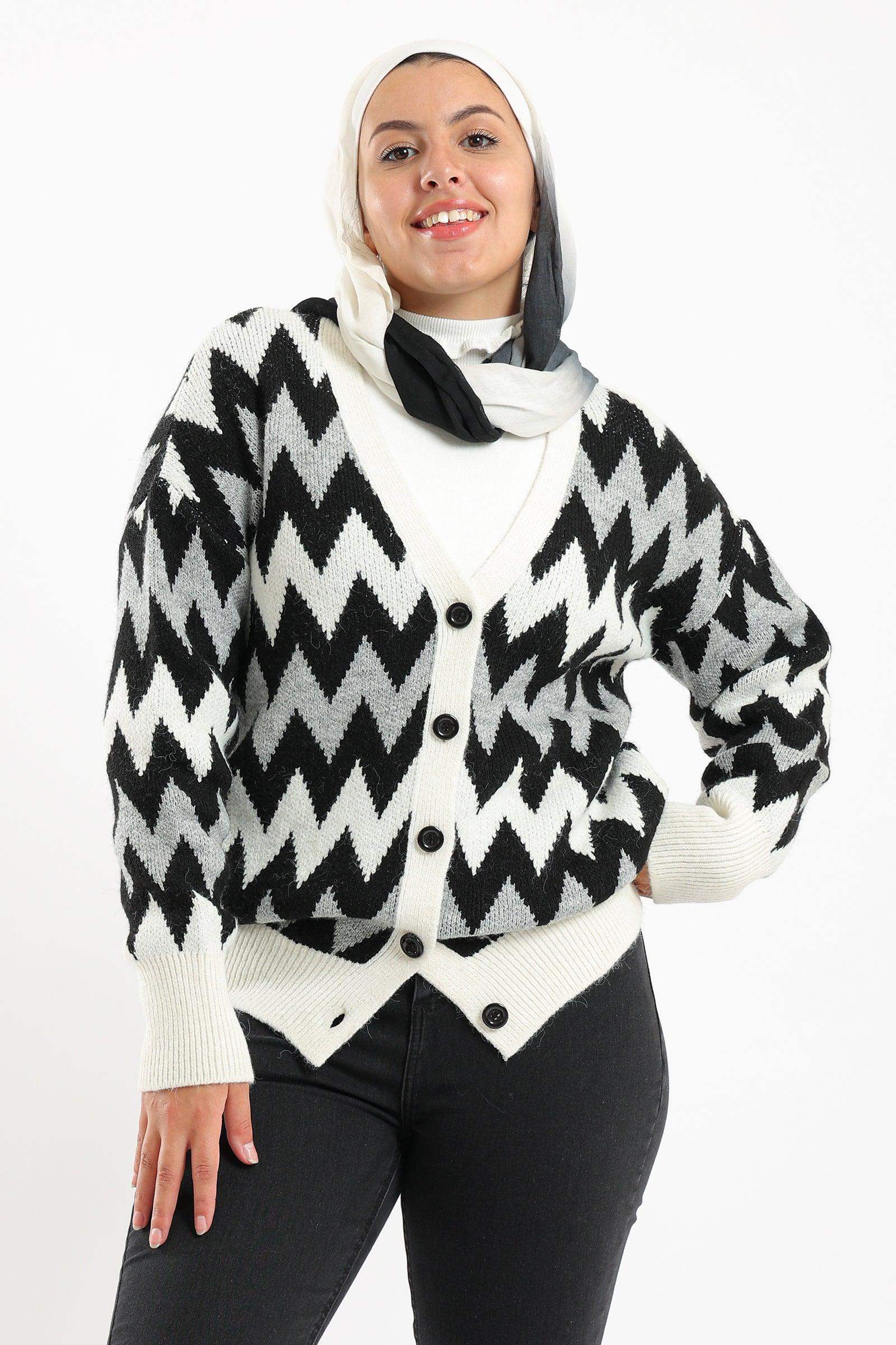 Zigzag Long Sleeves Cardigan - Carina - ÙƒØ§Ø±ÙŠÙ†Ø§