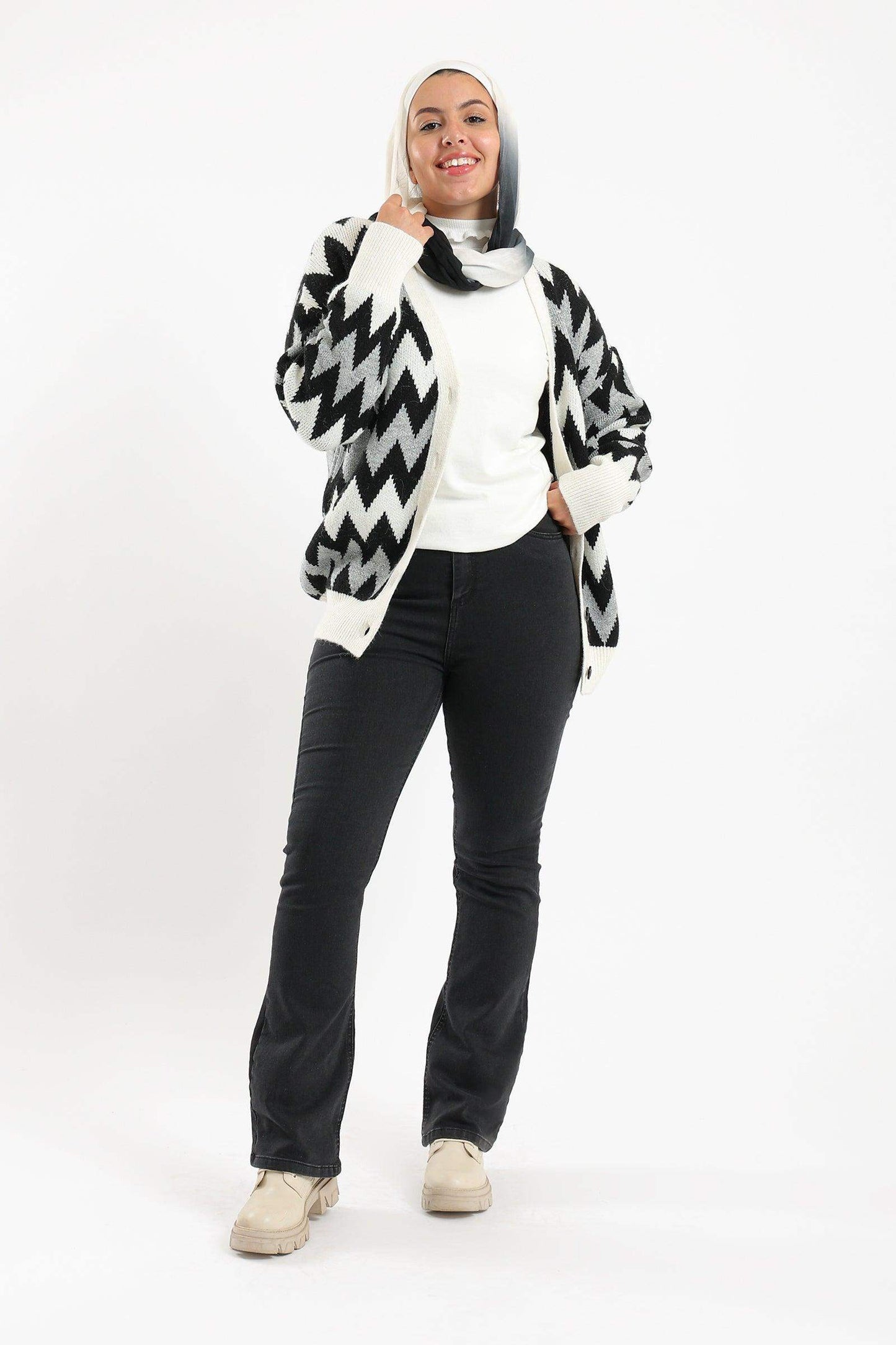 Zigzag Long Sleeves Cardigan - Carina - ÙƒØ§Ø±ÙŠÙ†Ø§