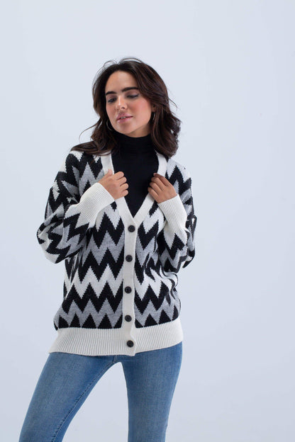 Zigzag Long Sleeves Cardigan - Carina - ÙƒØ§Ø±ÙŠÙ†Ø§