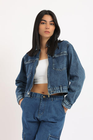 Zipper Closure Denim Jacket - Clue Wear