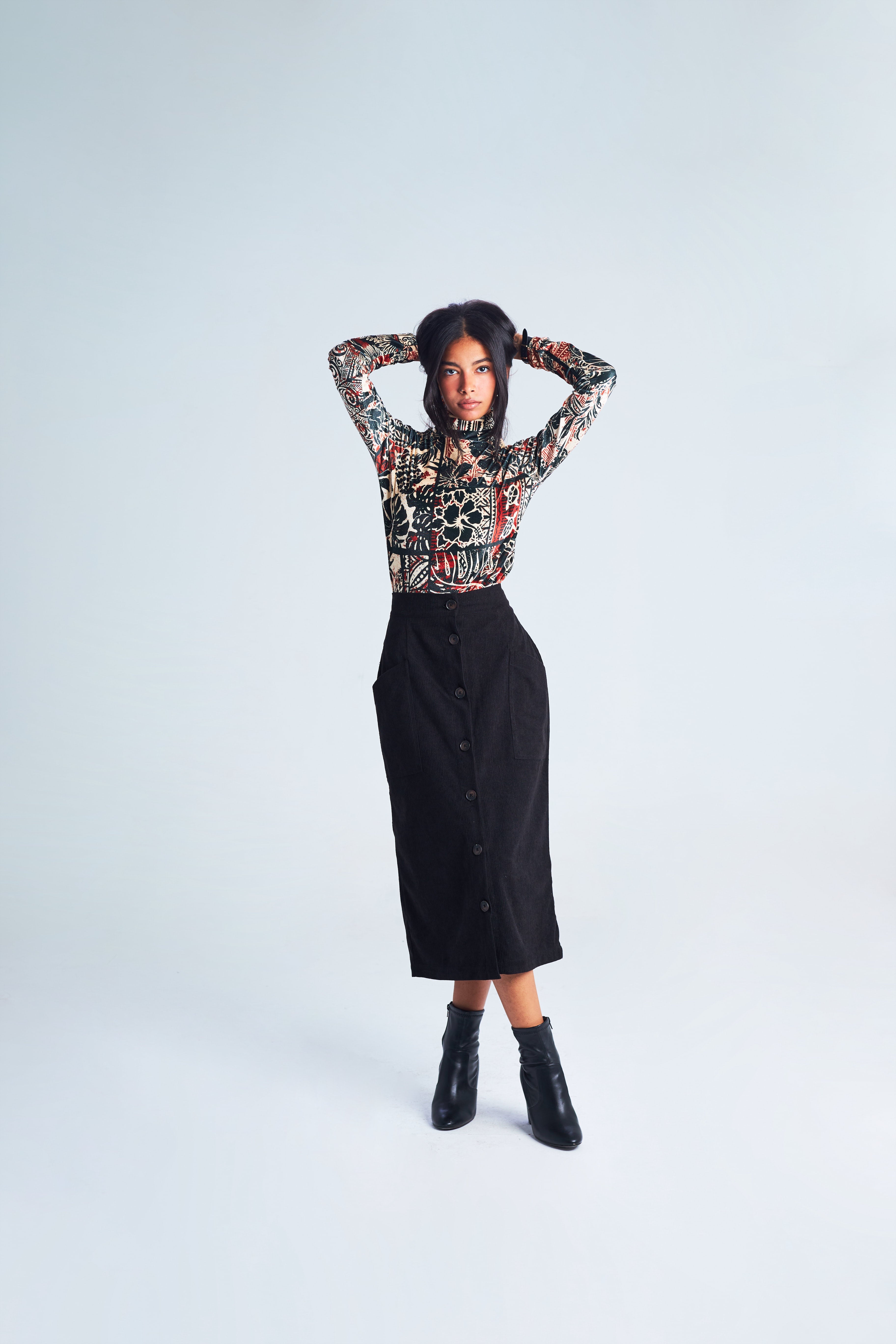 Corduroy Buttoned Pencil Skirt