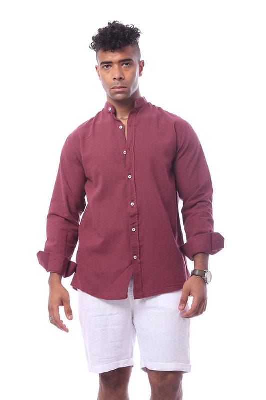 Linen Maroon Solid Regular Fit Turn Down Collar Shirt