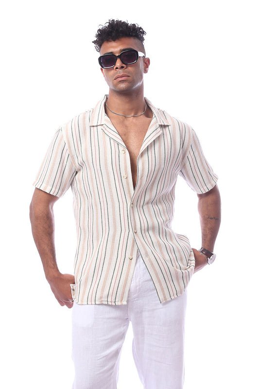 Linen Beige Regular Fit Buttoned Turn Down Collar Shirt
