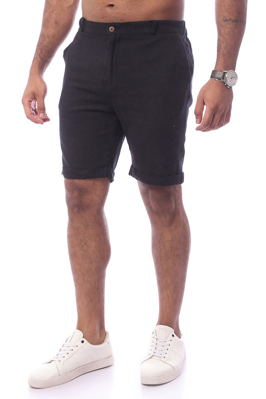 Linen Black Regular Fit Solid Shorts