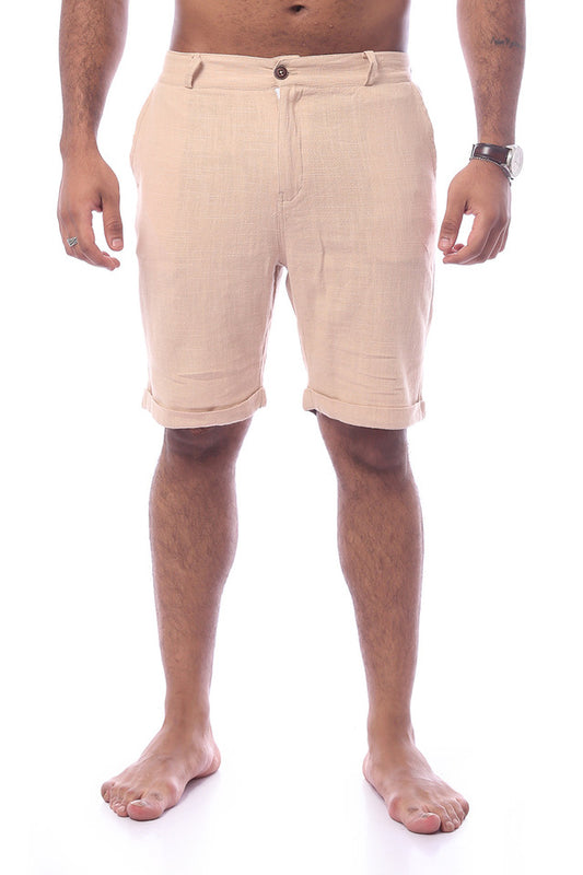 Linen Dark Beige Solid Pattern Buttoned Shorts