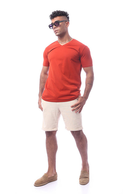 Red Solid Short Sleeves V-Neck Solid T-Shirt
