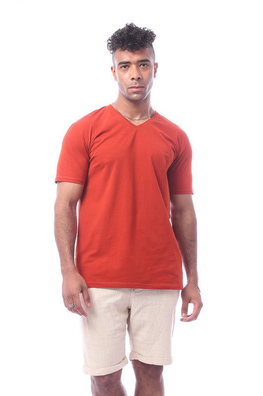 Red Solid Short Sleeves V-Neck Solid T-Shirt
