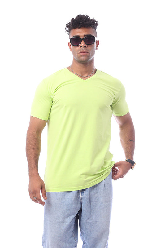 Lime Green Short Sleeves V-Neck Solid T-Shirt