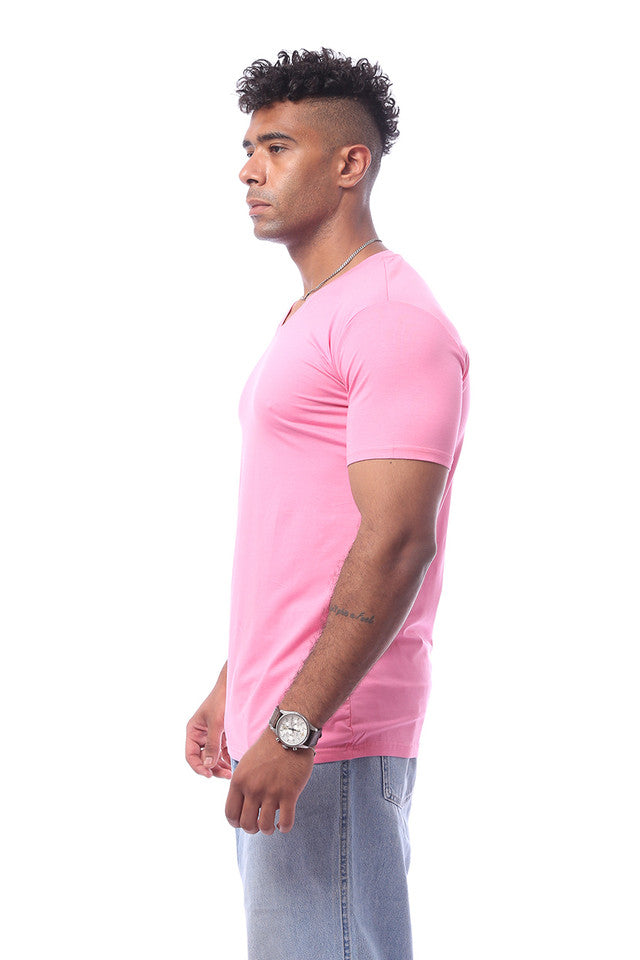 Pink Short Sleeves V-Neck Solid T-Shirt