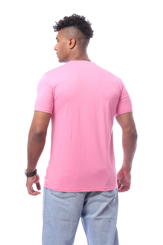 Pink Short Sleeves V-Neck Solid T-Shirt