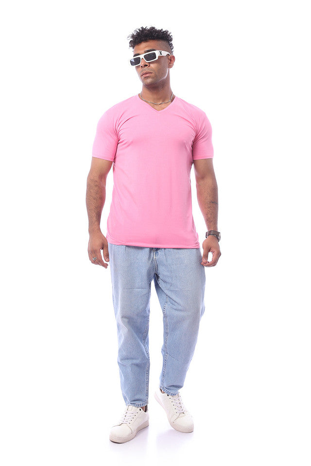 Pink Short Sleeves V-Neck Solid T-Shirt