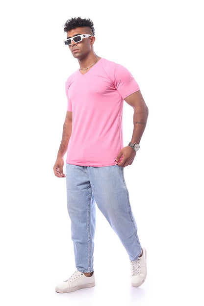 Pink Short Sleeves V-Neck Solid T-Shirt