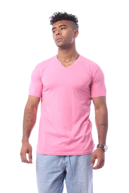 Pink Short Sleeves V-Neck Solid T-Shirt