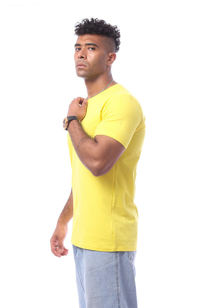 Yellow Solid Short Sleeves V-Neck Solid T-Shirt