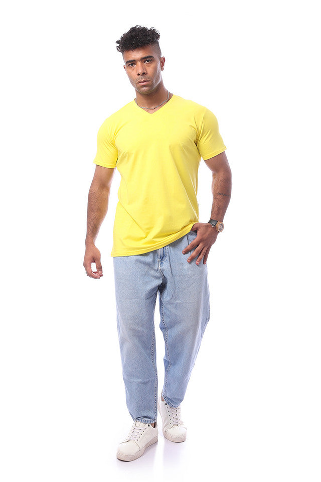 Yellow Solid Short Sleeves V-Neck Solid T-Shirt