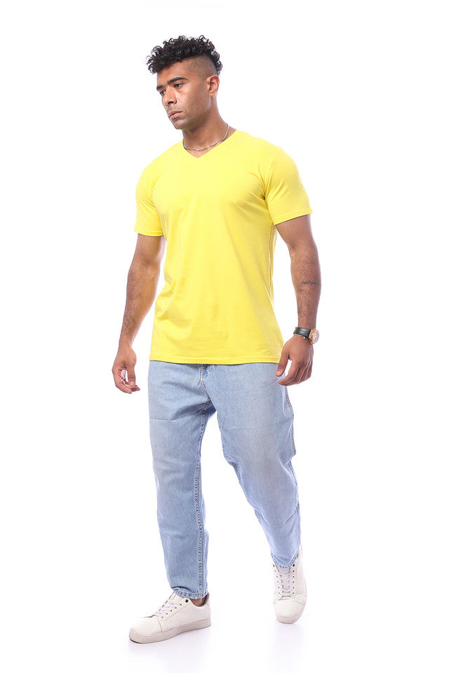 Yellow Solid Short Sleeves V-Neck Solid T-Shirt