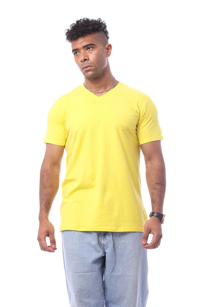 Yellow Solid Short Sleeves V-Neck Solid T-Shirt