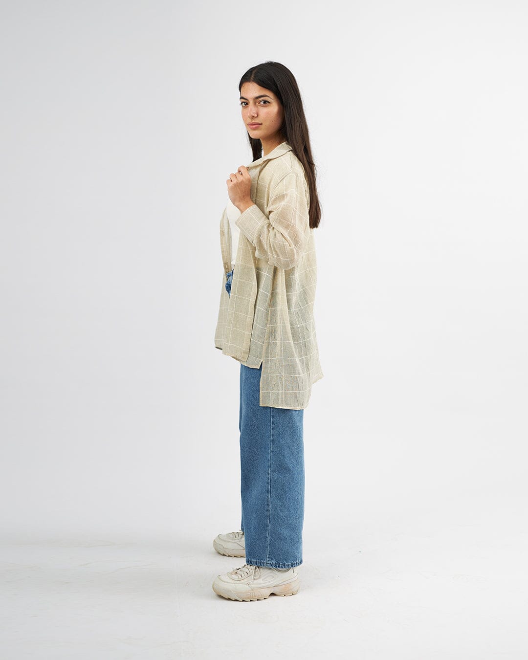 Beige Chequered - Linen Oversized Shirt